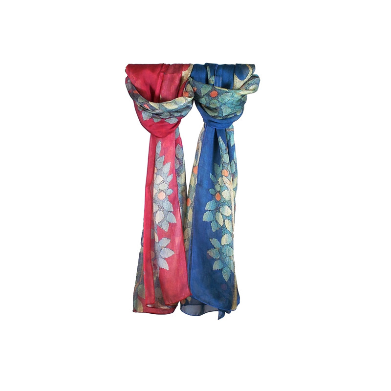 Foulard Floral Silk Scarf in Blue, Red, Amber